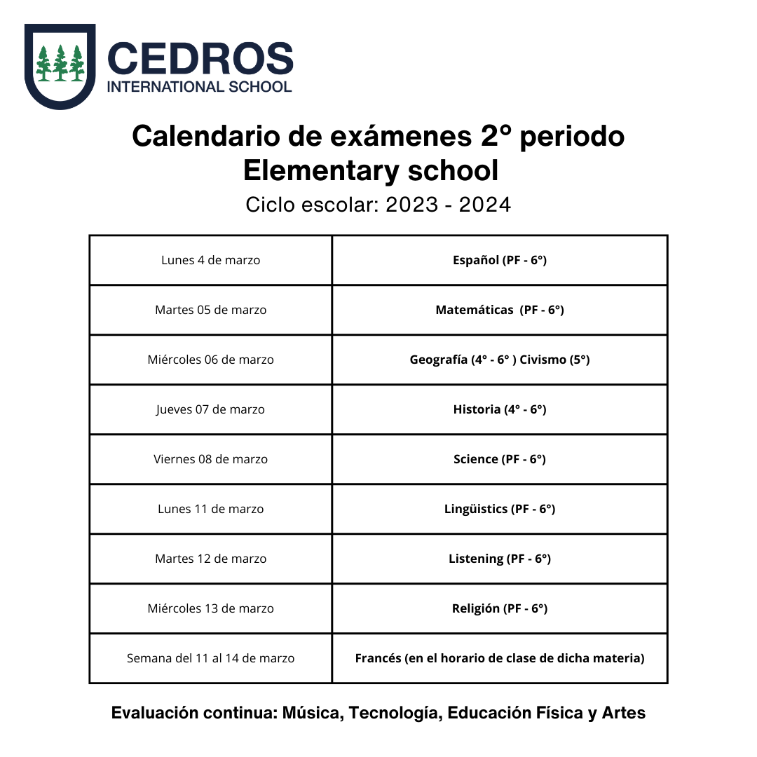 Calendario de exámenes 2 periodo